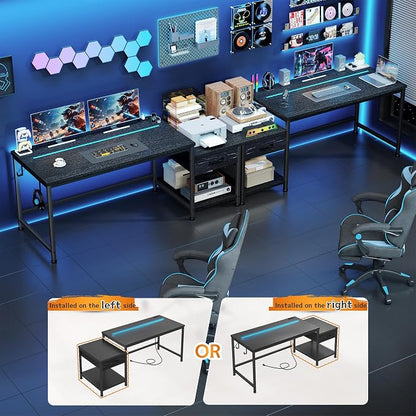 56 Inch Gaming Desk with Printer Shelf and LED Lights,Reversible Computer Desk with Drawers and Power Outlets,Study Table with Hooks for Headphone,Bags,Gamer Desk Work Desk for Teen Bedroom,Dorm