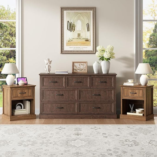 CARPETNAL Farmhouse Dresser and Nightstand Sets for Bedroom, 3 Pcs Bedroom Set, 7 Drawer Dresser & Nightstand Set of 2, Modern Wood Chest of Drawers for Bedroom, Living Room, Entryway, Brown