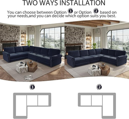 118" L-Shaped Sleeper Couch Bed - Oversize Convertible with Pull-Out Sofa Bed, Button Tufted Chesterfield Sofa, Chenille Sectional Vintage Couches for Living Room/Apartment(6-Seater, Blue) | Oversize Convertible