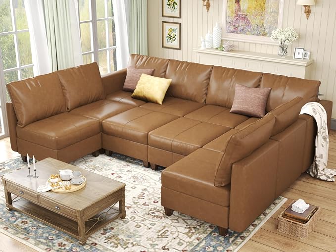 EASE MOOSE Modualr Sectional Couch U Shaped Sofa with Storage Ottomans, Faux Leather Modular Sofa Couch with Reversible Chaises for Apartment