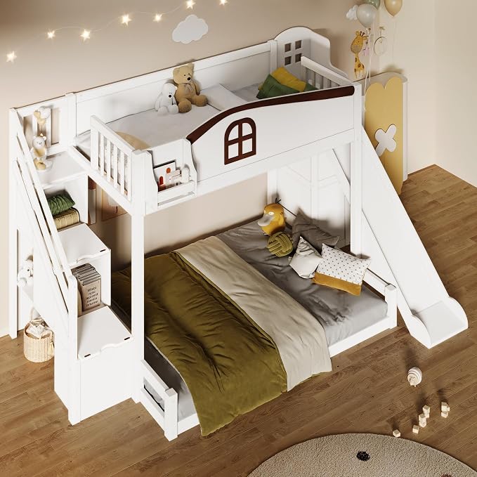 RUNNA Twin Over Full Bunk Bed with Slide,Storage Stairs,Shelf | Twin over full bunk bed with slide, storage stairs, overhead shelf, solid wood, guardrails, no box spring needed