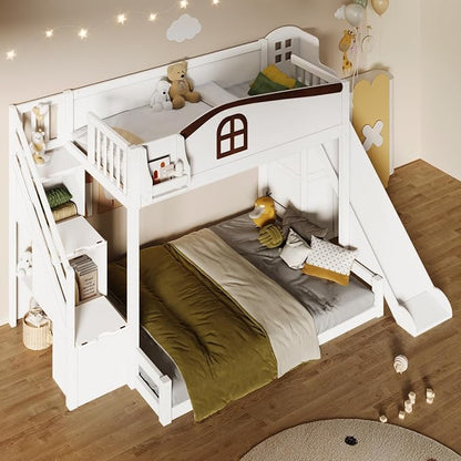 RUNNA Twin Over Full Bunk Bed with Slide,Storage Stairs,Shelf | Twin over full bunk bed with slide, storage stairs, overhead shelf, solid wood, guardrails, no box spring needed