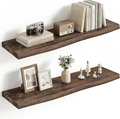 Vivelove Live Edge Floating Shelves for Wall Solid Elm Wood, Rustic Farmhouse Wall Shelf with Invisible Bracket for Living Room Bedroom Bathroom Office Book, 32 Inches - Set of 2 - Dark Walnut