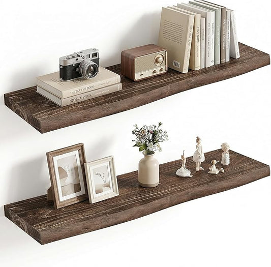 Vivelove Live Edge Floating Shelves for Wall Solid Elm Wood, Rustic Farmhouse Wall Shelf with Invisible Bracket for Living Room Bedroom Bathroom Office Book, 32 Inches - Set of 2 - Dark Walnut