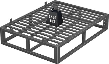 14 Inch Queen Bed Frame with Rounded Corner and Headboard Hole, Metal Platform Bed Frames 6 Non-Slip Guards, 3500lbs Heavy Duty Steel Slat Support, Squeak Free, No Box Spring Needed, Black