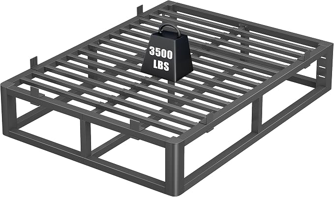 14 Inch Full Size Bed Frame with Rounded Corner and Headboard Hole, Metal Platform Bed Frames 6 Non-Slip Guards, 3500lbs Heavy Duty Steel Slat Support, Squeak Free, No Box Spring Needed, Black