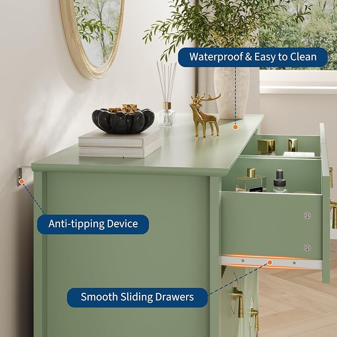 GarveeHome Fluted Dresser for Bedroom, 47.2 Inch Wide 6-Drawer Wood Dresser, Modern Chest of Drawers, Storage Organizer Cabinet for Living Room, Hallway, Entryway, Green