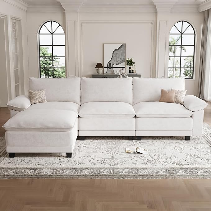 Modern L Shaped Sofa Couches for Living Room, Modular Sectional Cloud Couch with Movable Ottoman, Comfy Chenille Sofa for Apartment and Small Space, Beige