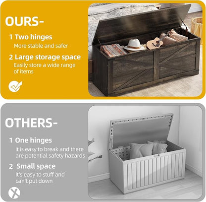 DWVO Storage Bench, 47.2" Farmhouse Storage Chest with 2 Safety Hinges, Wooden Storage Organizer, Shoe Bench for Entryway, Bedroom, Living Room, Dark Rustic Oak