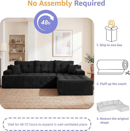 Hobestluk Modular Sectional Sofa Couches L-Shape Couch 3 Seat Modular Sofa Memory Foam Sectional Couches for Living Room, Cloud Couch with Oversized Chaise (Ebony Corduroy, 96", Right Hand Facing)