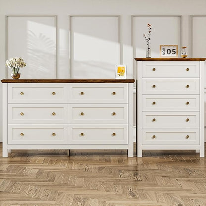 Farmhouse Dresser Nightstand Sets, 2-Piece Bedroom Furniture Set for Home | 5 Drawer Tall Dresser & 6 Dresser Closet , Chest of Drawers for Bedroom, Living Room, Entryway, Antique White