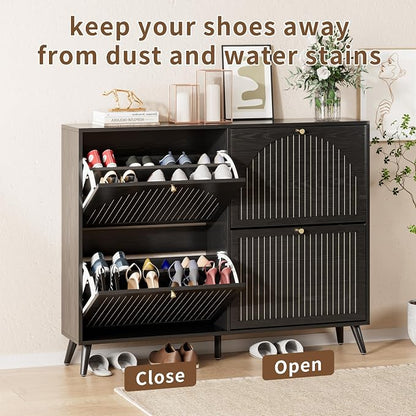 Fsbecl Shoe Storage Cabinet for Entryway with 4 Flip Drawers, Narrow Shoe Organizer with Fluted Panel, Freestanding Wood Hidden Shoe Cabinet (Black, 4 Flip Drawers)