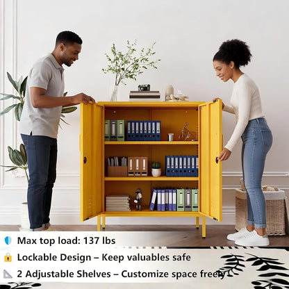 Yellow 3 Tier Metal Storage Cabinet with Legs, Lockable 2 Door Metal Locker, Heavy Duty Multipurpose Accent Storage Cabinet with 2 Adjustable Shelves for Home, Office, Entryway and Hallway