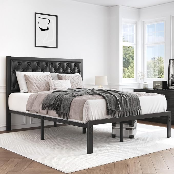 HISOFT Full Bed Frame with Upholstered Button Tufted Headboard, Bed Frame Platform Metal Slats Support, Under Bed Storage, No Box Spring Needed, Noise-Free, Easy Assembly, Black