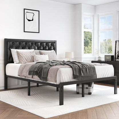 HISOFT Full Bed Frame with Upholstered Button Tufted Headboard, Bed Frame Platform Metal Slats Support, Under Bed Storage, No Box Spring Needed, Noise-Free, Easy Assembly, Black