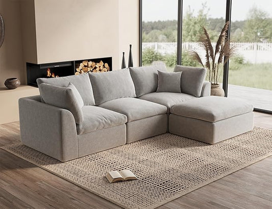ohllob 110" Cloud Sectional Couches for Living Room, Boneless L-Shape Couch with Ottoman, 3 Seater Modular Sectional Sofa, Light Grey