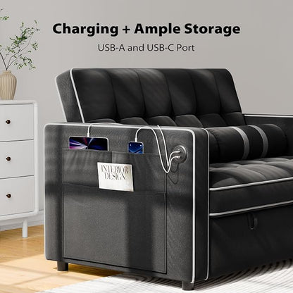 Pipishell 3 in 1 Sleeper Sofa Bed, Pull Out Couch with USB Ports & Side Pockets, Adjustable Backrest, Convertible Loveseat Sofa Bed, Futon Couches, Charcoal Black Velvet, Living Room