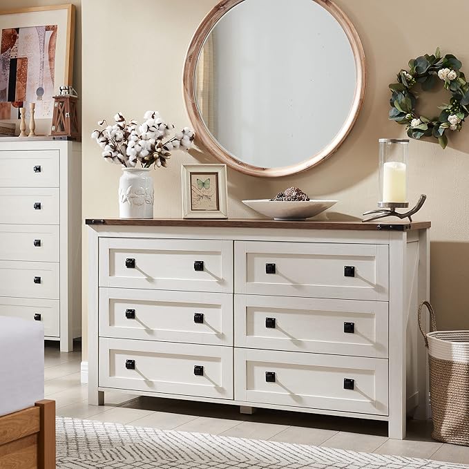 T4TREAM 54" Wide Farmhouse 6-Drawer Dresser for Bedroom, Antique White | Rustic, Wood Storage Cabinet, Metal Handle, Unique Corner Accent, Bedroom, Living Room, Hallway