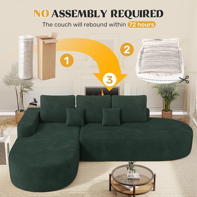112" Modern Curved Cloud Couch, Boneless Couches for Living Room with Deep Seat, Memory Foam Compressed Modular Sectional Sofa, No Assembly Required,Green 1 PCS