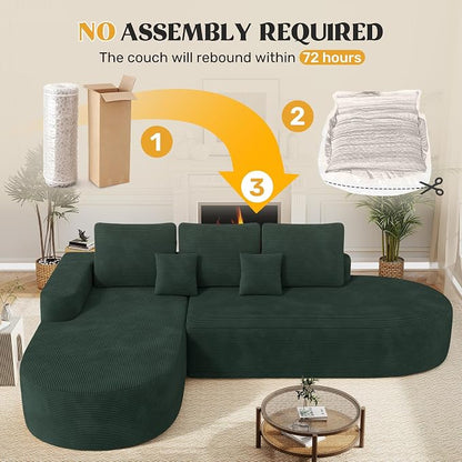 112" Modern Curved Cloud Couch, Boneless Couches for Living Room with Deep Seat, Memory Foam Compressed Modular Sectional Sofa, No Assembly Required,Green 1 PCS