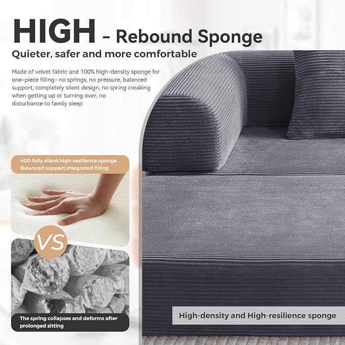 Upgrade High Backrest Design Sofa Bed with Fixed-Shape Frame & Removable Armrests and Backrest, Corduroy Fabric, Convertible Couch for Small Spaces - No Assembly Needed (Dark Gray)