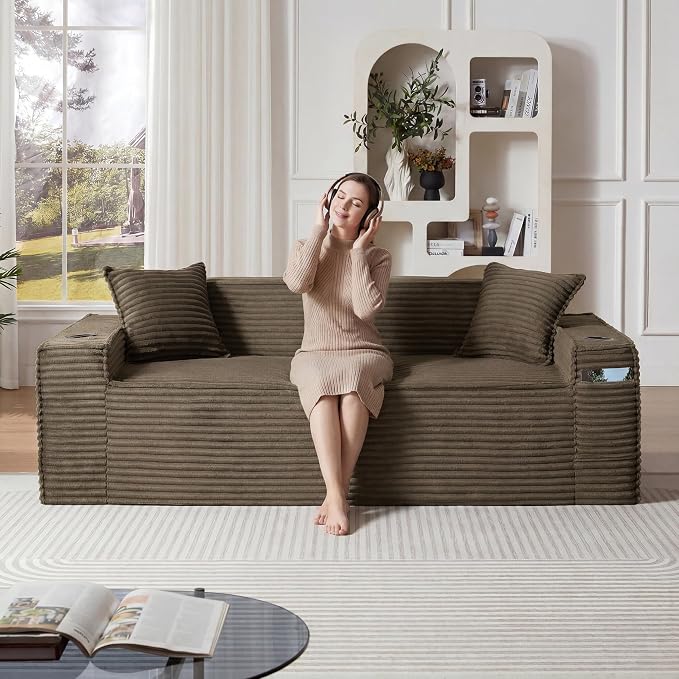 Boneless Sectional Sofa Couch with Cup Holders & Side Pockets, Modern Corduroy Fabric Deep Seat 3-seat Cloud Couch for Living Room Office, No Assembly (Brown)