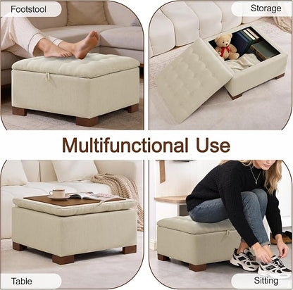 WUTUTUEE 30" Fabric Square Storage Ottoman with Wooden Tray, Modern Tufted Button Footstool Coffee Table, Upholstered Large Ottoman for Living Room, Bedroom, Khaki