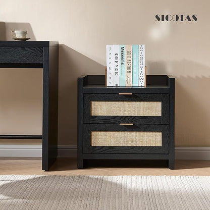 SICOTAS Black Nightstands Set of 2 Bed Side Table - Boho Night Stand End Table with Type-C Charging Station, 2 Rattan Decor Drawers Storage Cabinet Night Stands for Bedroom, Black Oak