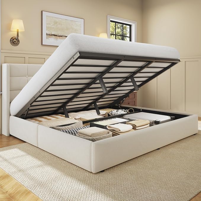 HISOFT King Size Lift Up Storage Bed Frame, Linen Upholstered Platform Bed with Wingback Headboard, Heavy Duty Hydraulic Gas Lift Underbed Space, Reinforced Full Metal Slats, Noise Free, Light Beige