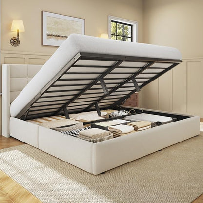 HISOFT King Size Lift Up Storage Bed Frame, Linen Upholstered Platform Bed with Wingback Headboard, Heavy Duty Hydraulic Gas Lift Underbed Space, Reinforced Full Metal Slats, Noise Free, Light Beige