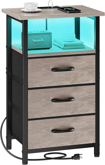 Vagusicc Night Stand with Charging Station, LED Nightstand for Bedroom, Bedside Table with 3 Fabric Drawers, End Table Side Table with USB Ports and Outlets, Bed Side Table for Bedroom, Greige