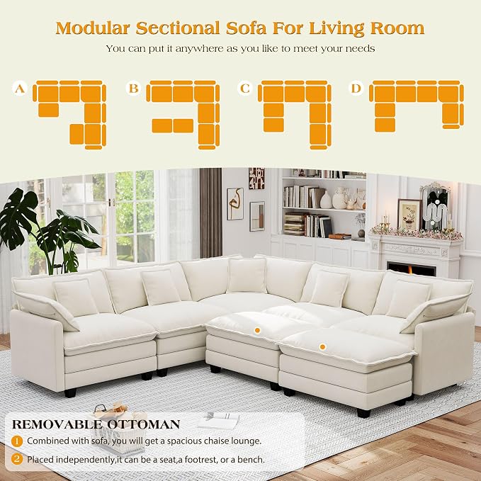 113.8" Modular Sectional Sofa,Cloud Couch for Living Room,Modern Deep Seat Sofa 5 Seater Chenille Fabric Comfy L Shaped Couches with Throw Pillows & Movable Ottoman for Apartment