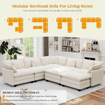 113.8" Modular Sectional Sofa,Cloud Couch for Living Room,Modern Deep Seat Sofa 5 Seater Chenille Fabric Comfy L Shaped Couches with Throw Pillows & Movable Ottoman for Apartment
