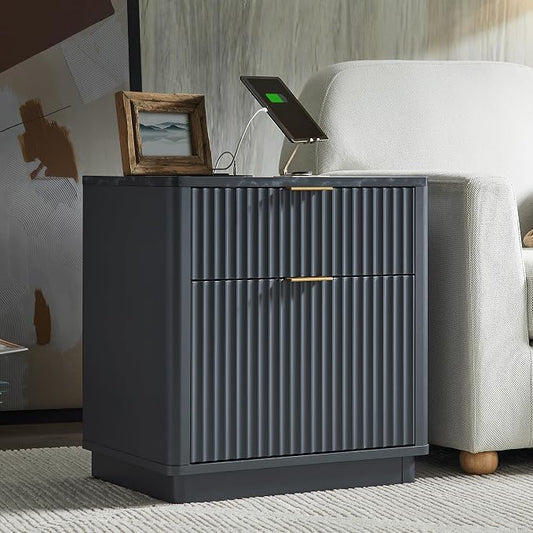 T4TREAM 23'' Fluted Nightstand with Charging Station, Large 2 Drawer Side Table, Modern End Table with Storage, Mid Century Bedside Table for Bedroom, Living Room, Curved Profile, Dark Grey
