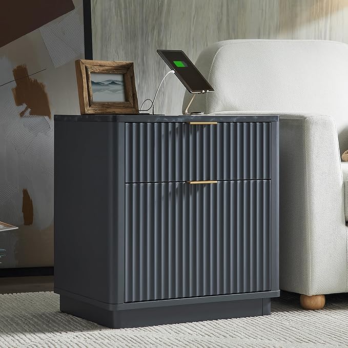 T4TREAM 23'' Fluted Nightstand Set of 2 with Charging Station, Large 2 Drawer Side Table, Modern End Table with Storage, Mid Century Bedside Table for Bedroom, Living Room, Curved Profile, Dark Grey