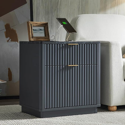 T4TREAM 23'' Fluted Nightstand Set of 2 with Charging Station, Large 2 Drawer Side Table, Modern End Table with Storage, Mid Century Bedside Table for Bedroom, Living Room, Curved Profile, Dark Grey