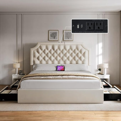 YITAHOME Full Size Bed Frame with Adjustable Headboard, 4 Storage Drawers and Charging Station, Velvet Upholstered Bed Frame with Button Tufted, No Box Spring Needed, Fast Assembly, Noise-Free, Beige