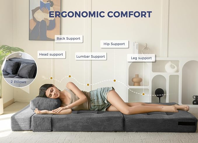 MAXYOYO Convertible Sofa Bed, Fold Out Loveseat Sofa Couch with Pillow, 4 in 1 Tufted Folding Couch Bed Foam Floor Couch, Lazy Chair for Living Room Bedroom Guest Room, Dark Grey
