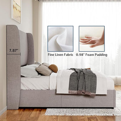 Jocisland King Size Upholstered Platform Bed Frame with Hydraulic Lift Storage, Wingback Headboard, Wood Slats Support, No Box Spring Needed, Linen Light Grey