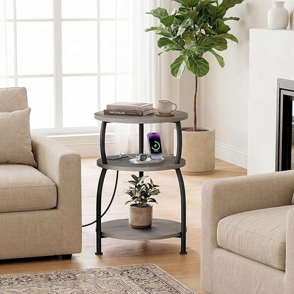 Round Side Table with Power Outlet & USB Ports, 3-Tier End Table with Storage Shelf, 15.7" Wide Nightstand for Small Spaces, Tall Bedside Table Capable of Charging Laptops & Phones, Rustic Brown