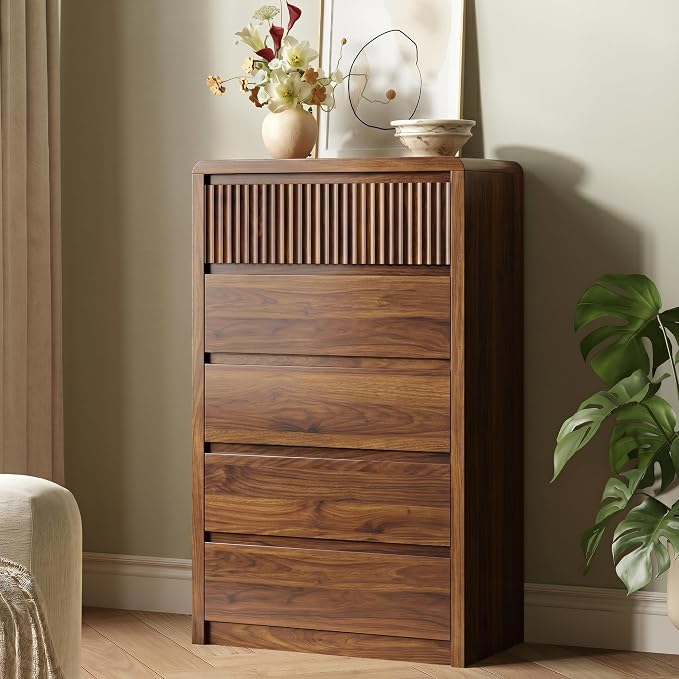LYNSOM 5 Drawer Dresser for Bedroom, 48" Tall Fluted Dresser with Curved Corners, Wood Dressers & Chests of Drawers with Dual-Panel Design for Bedroom, Entryway, Walnut