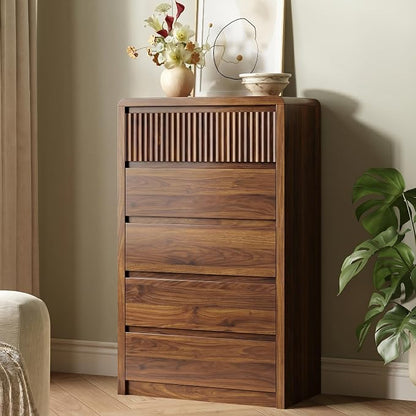 LYNSOM 5 Drawer Dresser for Bedroom, 48" Tall Fluted Dresser with Curved Corners, Wood Dressers & Chests of Drawers with Dual-Panel Design for Bedroom, Entryway, Walnut