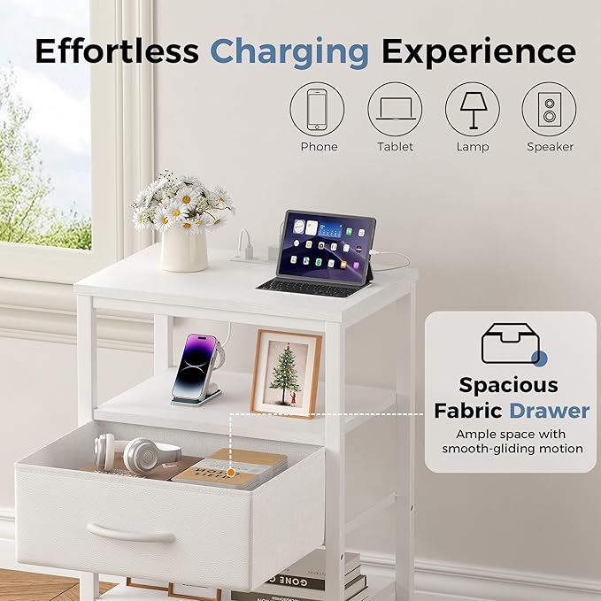 DUMOS 3-Tier Storage, Bed Side Tables with Wireless Charging Station, End Tables with Adjustable Fabric Drawers, Nightstand Set of 2, Modern Design, White