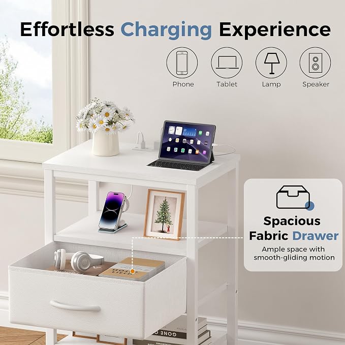 DUMOS Nightstand Set of 2 with Wireless Charging Station,Bedside Tables with Adjustable Fabric Drawers,3-Tier Storage End Tables with Open Shelf, Modern Small NightStands for Bedroom Furniture,White