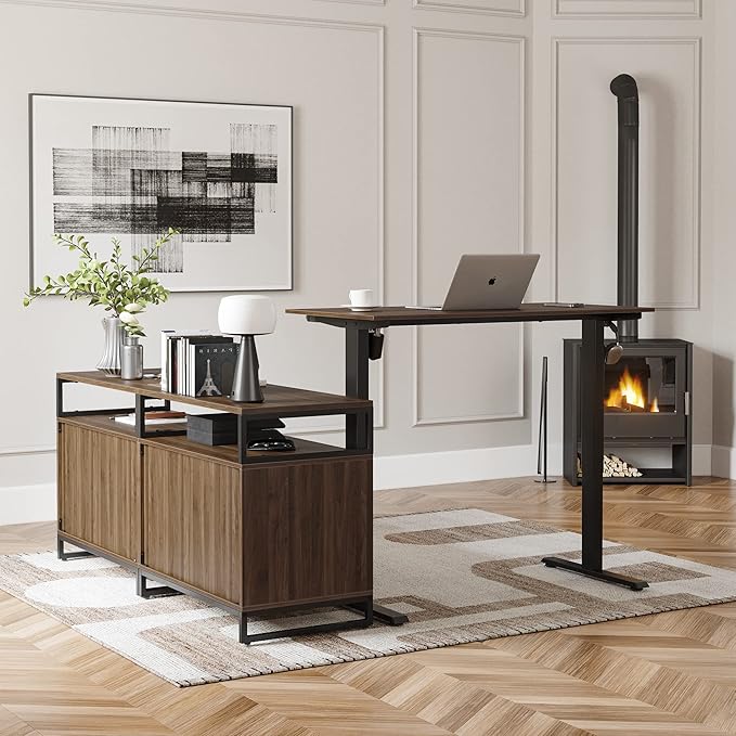 FEZIBO 66 Inch L Shaped Standing Desk with Drawers & Shelves, Executive Table Adjustable Height, Black Walnut Top/Black Frame