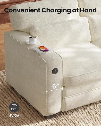 Marsail Pull Out Sofa Bed, Queen Size Sleeper Sofa with Memory Foam Mattress, 2 USB Charging Ports & Removable Covers, Chenille Loveseat Couch for Living Room, Apartment, Pure White