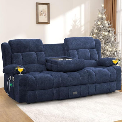 Loveseat Recliner Sofa, 3 Seater Minimalist Style Reclining Loveseat with Flip Back Console, USB Charge Ports, Cup Holders, Recliner Love Seat Couches for Living Room, RV, Blue