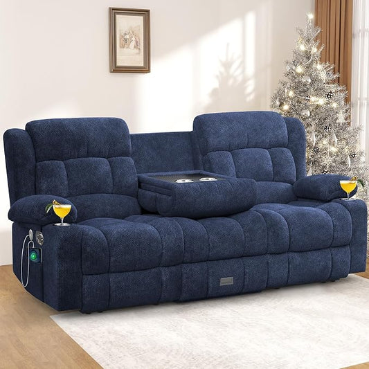 Loveseat Recliner Sofa, 3 Seater Minimalist Style Reclining Loveseat with Flip Back Console, USB Charge Ports, Cup Holders, Recliner Love Seat Couches for Living Room, RV, Blue