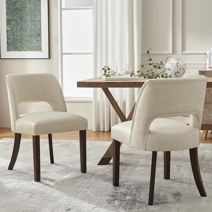 VKNOW Modern Dining Chairs Set of 6 with Rubberwood Legs, Beige | Faux Leather, Curved Back, For family, Kitchen Dining RoomRestaurant Reception Room, No wobble, 80% pre-installed