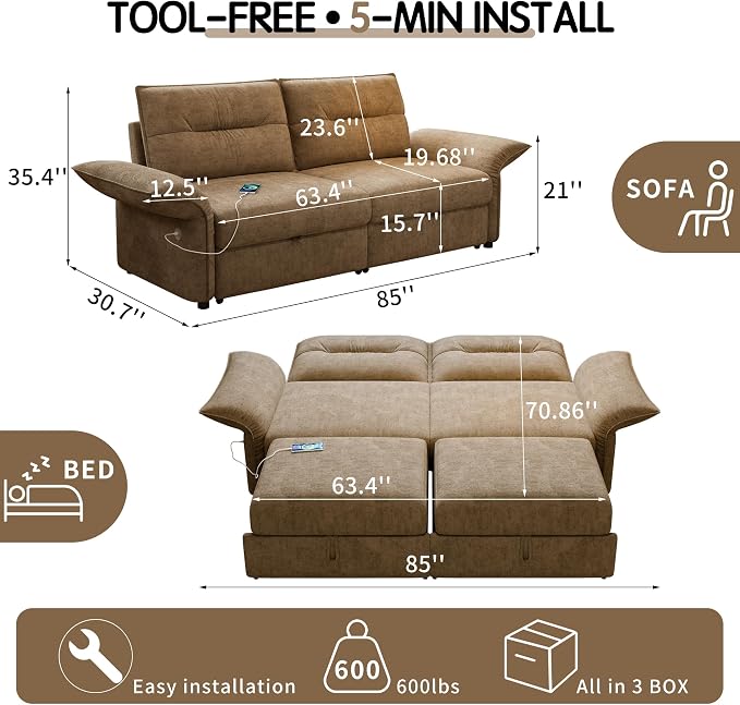 85'' Sofa Bed Full, Assembly, 3 in 1 Sleeper Sofa Beds, Flannel Pull Out Couch for Living Room, Charging & Adjustable Armrest, Comfy Loveseat for Small Space, Flannel Brown